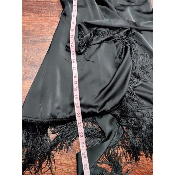 H&M Fringe-Trimmed Satin Surplice Whimsy Boho Festival Wrap Dress Black Medium - Picture 11 of 11